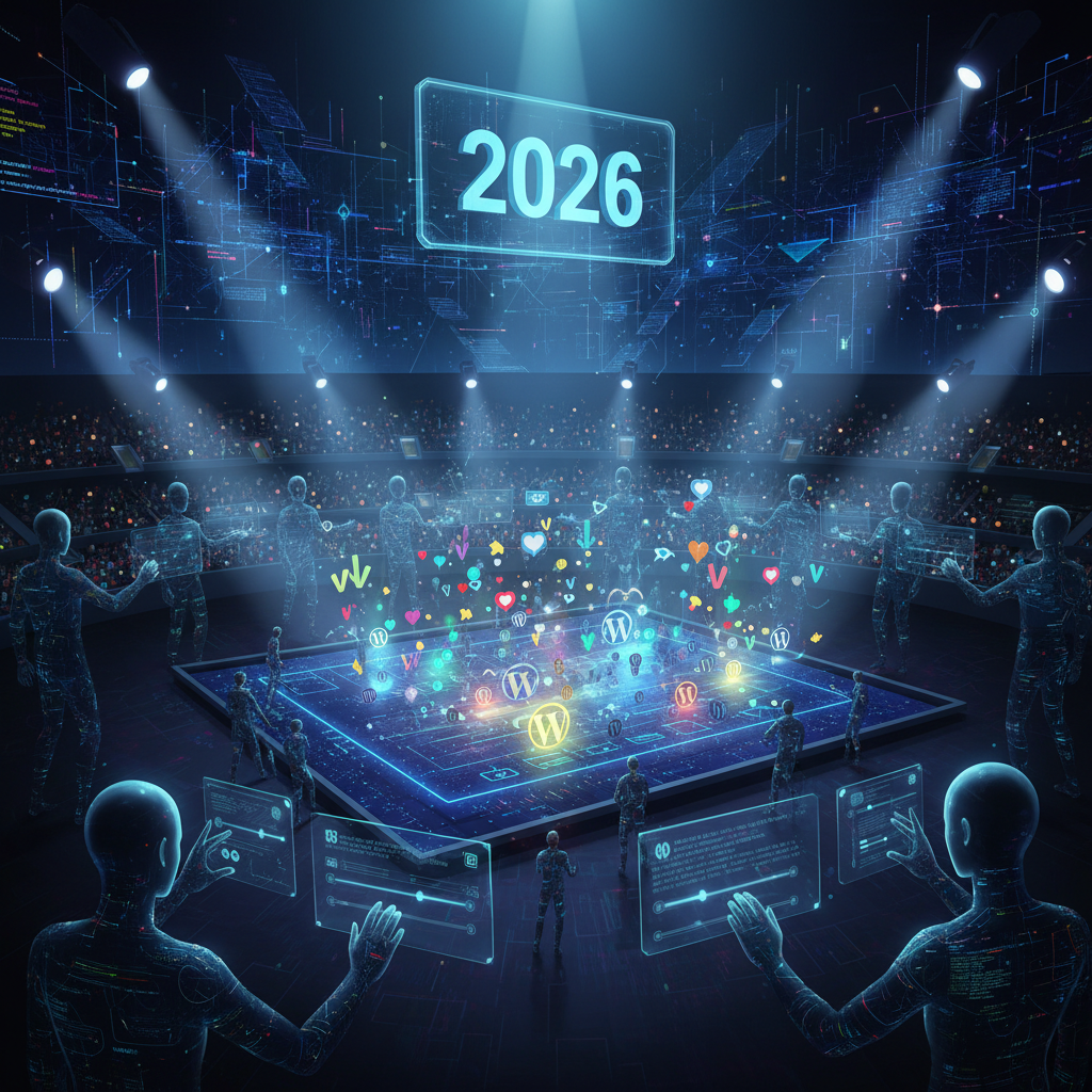 A diverse group of abstract, colorful WordPress plugin icons vying for user attention on a digital screen, symbolizing fierce competition among WordPress user engagement plugins in 2026. The scene highlights the challenge developers face in capturing user interest and fostering engagement.
