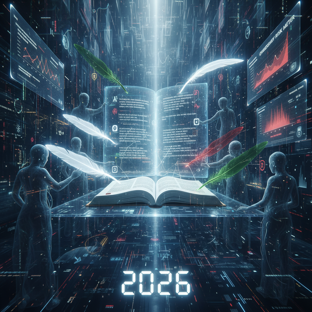 Visual metaphor for digital content ownership and plagiarism risks in WordPress plugins in 2026, highlighting the potential for intellectual property theft and unauthorized use of code. Features abstract representations of code, copyrighted symbols, and a magnifying glass over a WordPress icon, emphasizing the scrutiny needed for plugin security and ethical development practices concerning wordpress plugin plagiarism risk.