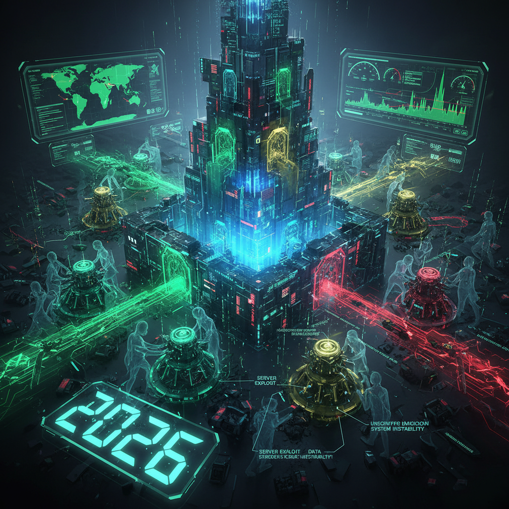 Visualizing WordPress plugin architecture as micro-CMS, highlighting security vulnerabilities and best practices in 2026. Data streams and digital lock icons represent the security footprint within the WordPress ecosystem, emphasizing WordPress plugin micro-CMS security.