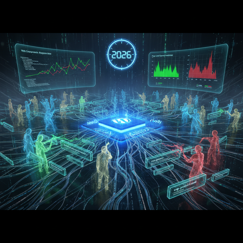 A visually striking graphic depicting the seamless integration of WordPress plugins with web components and custom HTML elements. The image showcases code snippets alongside abstract representations of WordPress functionality, emphasizing how plugins are extending and enriching web development in 2026. The focus keyword 'WordPress Web Components' is subtly incorporated through design elements that highlight these modern technological advancements.