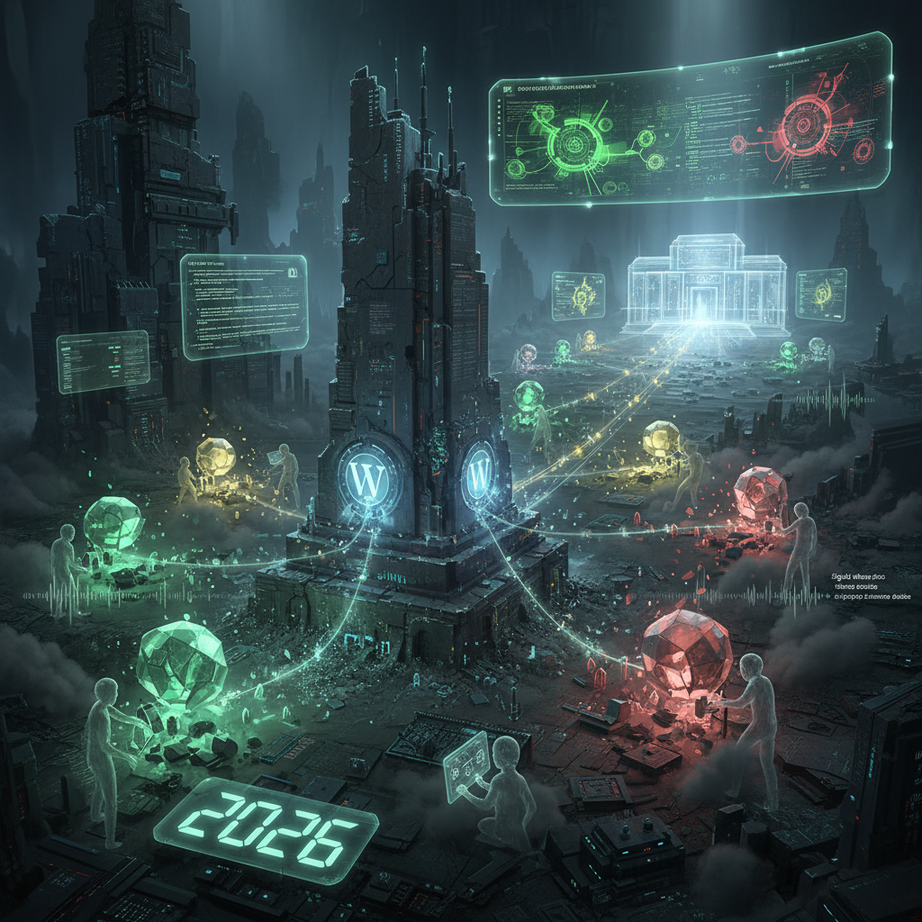 Illustration depicting digital sedimentation layers, revealing hidden WordPress plugin data remnants from 2026, like an archaeological dig in a server. Focus on uncovering dormant data, digital dust, and leftover code from uninstallations and updates, symbolizing the 'silent archaeologists' concept.