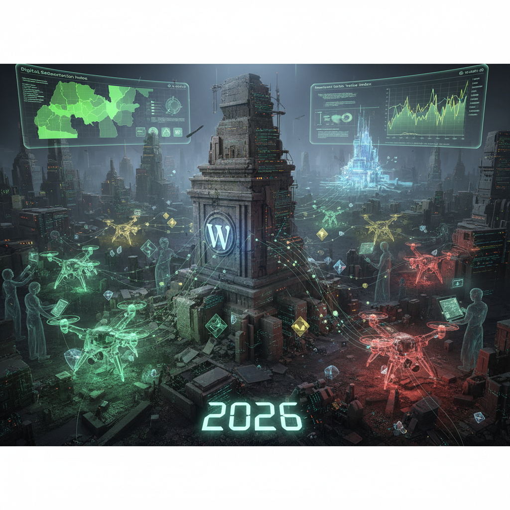 A detailed 2026 infographic illustrating WordPress infrastructure mapping through various plugins, showing connections between databases, servers, and content delivery networks. The design emphasizes digital topography, unmasking the hidden layers of website architecture.