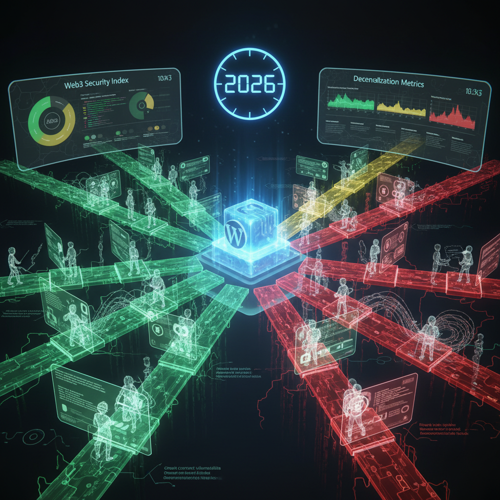 A futuristic digital illustration showing interconnected WordPress logos and Web3 blockchain symbols, signaling the profound influence of WordPress plugins on Web3 integration in 2026. Data streams and network nodes highlight the essential role of these silent conductors in shaping the next generation of decentralized web technologies.
