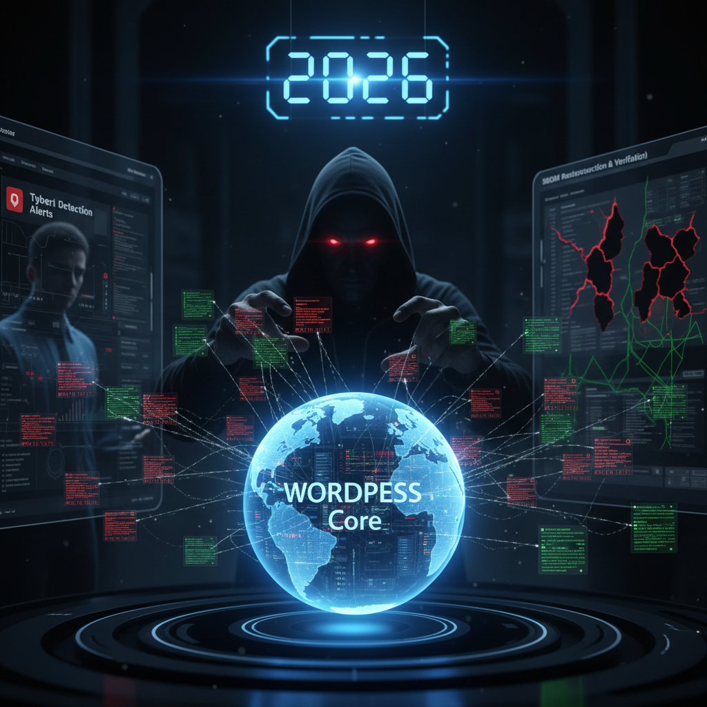 A shadowy figure in a hoodie hunched over a laptop, with a WordPress logo faintly visible in the background and intertwined digital chains representing supply chain vulnerabilities. The image visually conveys the threat of silent cartel attacks on WordPress plugins and highlights the crucial role of Software Bill of Materials (SBOM) in enhancing WordPress plugin supply chain security in 2026.