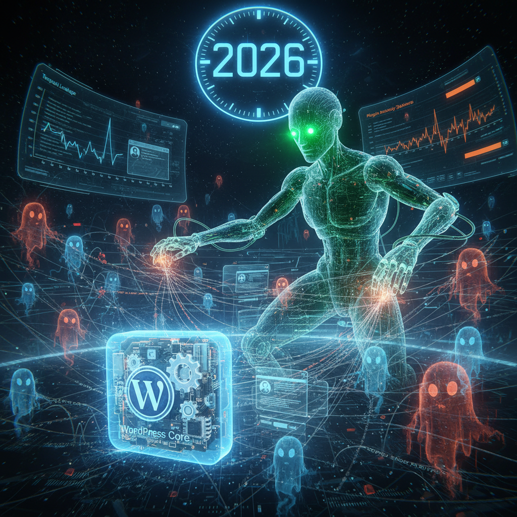 A minimalist, abstract digital illustration showing interconnected lines forming a network, subtly hinting at WordPress plugin architecture. The centerpiece is a shimmering, almost translucent 'trust' icon, glowing within the network. The year '2026' is subtly integrated into the background as circuitry, reinforcing the contemporary focus on WordPress plugin trust and their role as digital fabricators of truth in the current year.