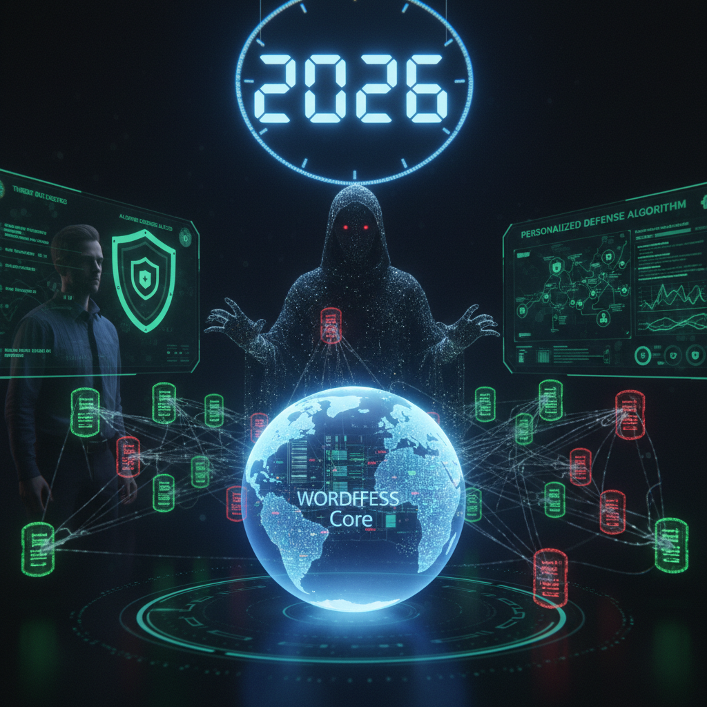 A digital chameleon, symbolizing adaptive WordPress security, changes colors to blend into a complex network of AI-powered defense mechanisms protecting websites in 2026. The image illustrates WordPress plugins leveraging AI for personalized and silent security.