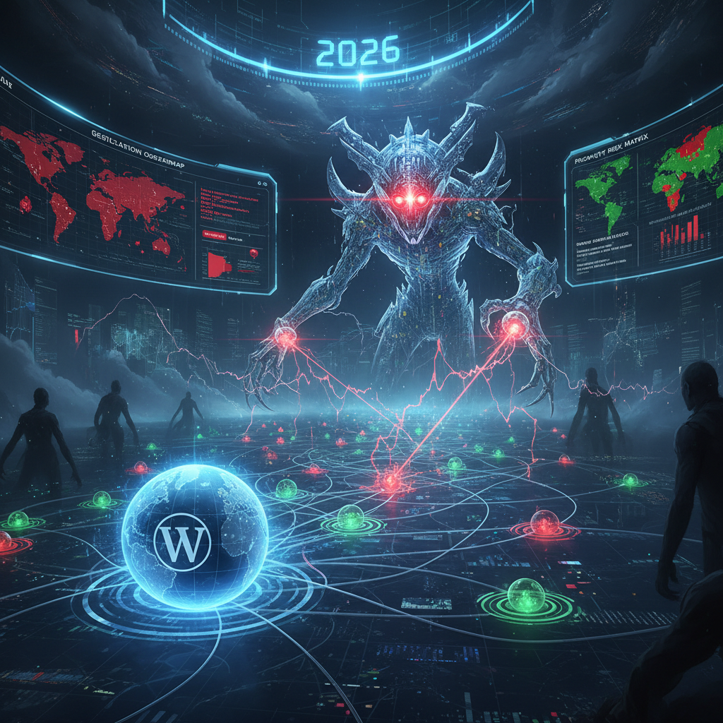 A magnifying glass hovers over a WordPress logo, superimposed on a blurred world map, highlighting the hidden geolocation and proximity risks associated with WordPress geolocation plugins in 2026. Data streams subtly connect points on the map, illustrating potential privacy concerns.