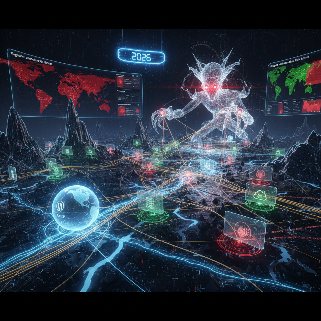 Visual representation of digital topography and infrastructure mapping in 2026, highlighting the core functions of WordPress infrastructure plugins with data flow and network connections.