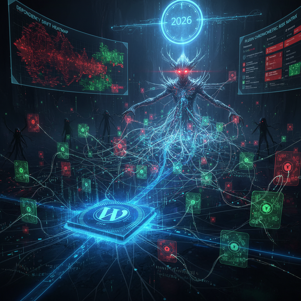 An intricate digital clock face with gears exposed, superimposed over a WordPress logo, visually representing the complexities of time-sensitive dependencies and calendar drift in WordPress plugins in 2026. The focus keyword is WordPress time-sensitive plugins.
