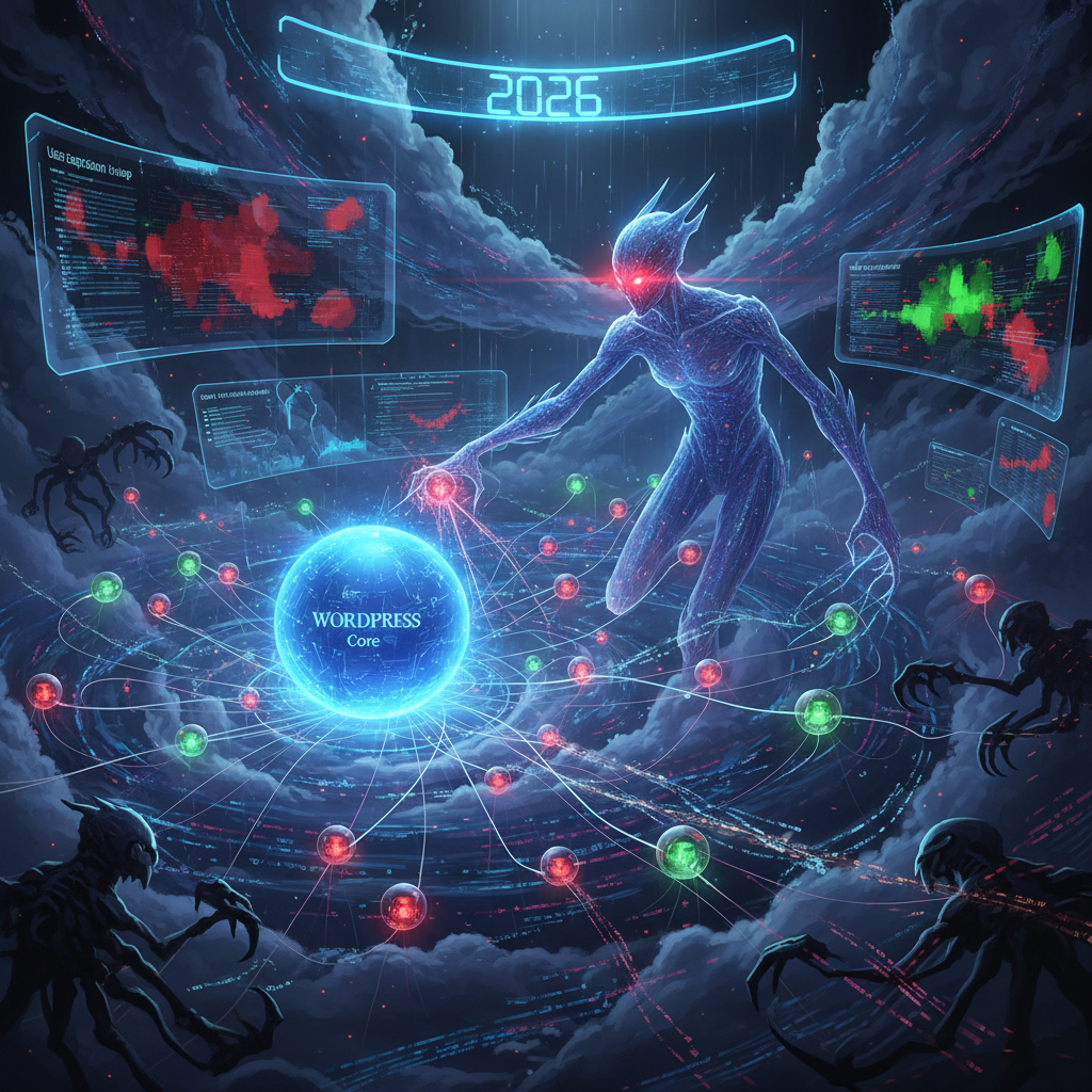 A visually dynamic illustration showcasing abstract representations of WordPress plugins influencing user behavior, with interconnected digital elements forming new user habits and expectations in early 2026. Emphasizes the transformative power of plugins on digital experience.