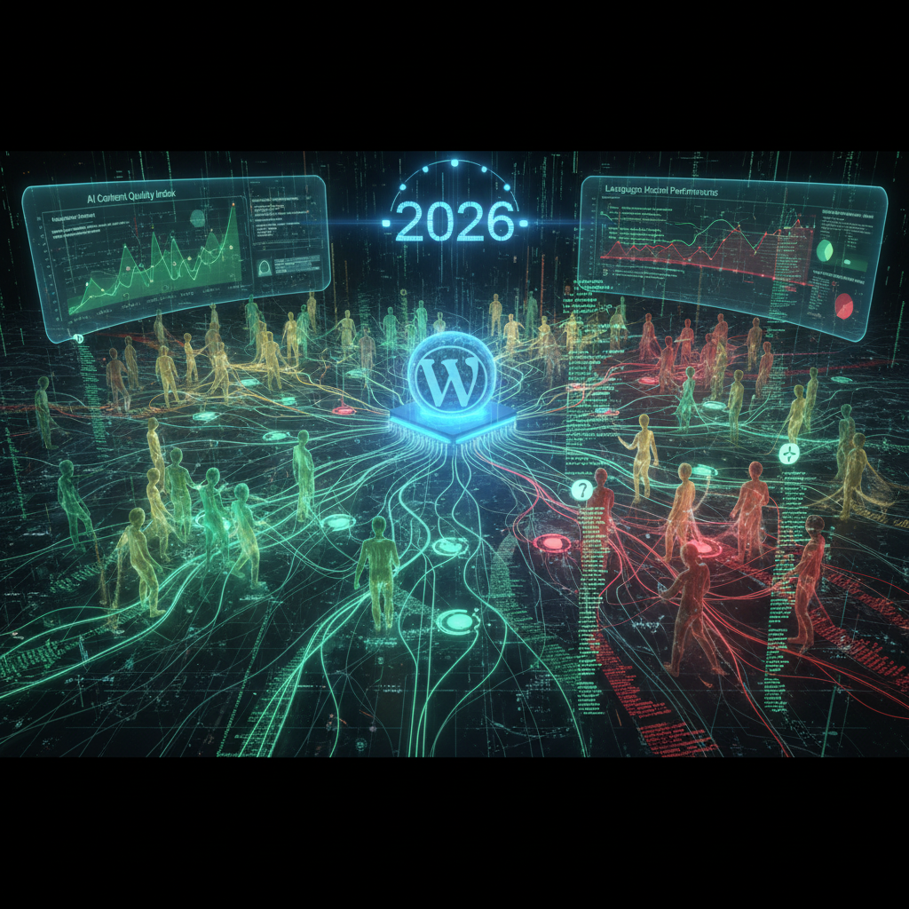 Illustration depicting digital footprints and invisible tracking within WordPress plugins, with data lines converging on a central 'tracking' icon, emphasizing the hidden nature of data collection in 2026. This image highlights the 'WordPress plugin tracking' issue.