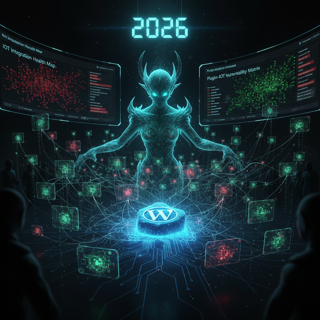 Visual representation of WordPress IoT integration for smart sites in 2026, showing interconnected devices and website elements, emphasizing the silent symbiosis between WordPress plugins and Internet of Things technology for enhanced functionality and user experiences.