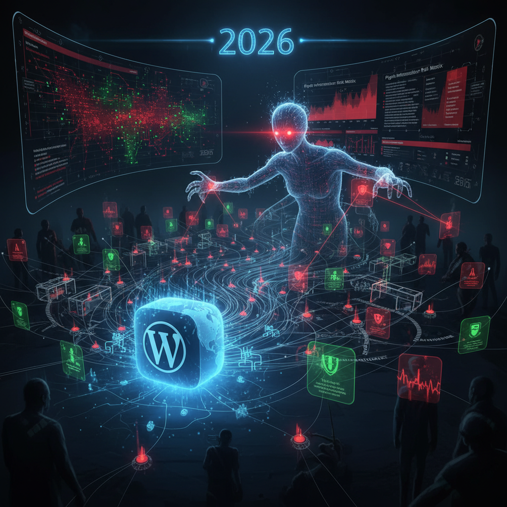 Detailed illustration of digital topography, infrastructure mapping, and data visualizations within a WordPress plugin interface, highlighting the advanced capabilities of WordPress infrastructure plugins in 2026.