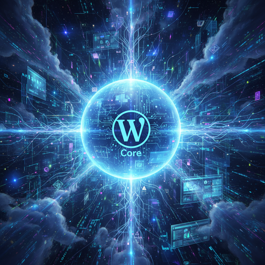 A futuristic depiction of WordPress plugins with AI brains, autonomously generating and optimizing code, showcasing advanced AI WordPress plugins in action with self-optimization capabilities for 2026.
