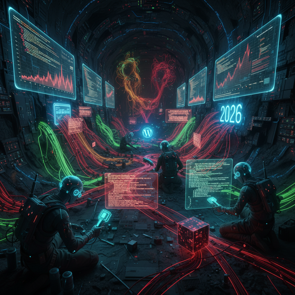 A magnifying glass hovers over lines of code on a computer screen, symbolizing the meticulous unearthing of latent technical debt within WordPress plugins, a critical SEO task in 2026 for website performance and security.