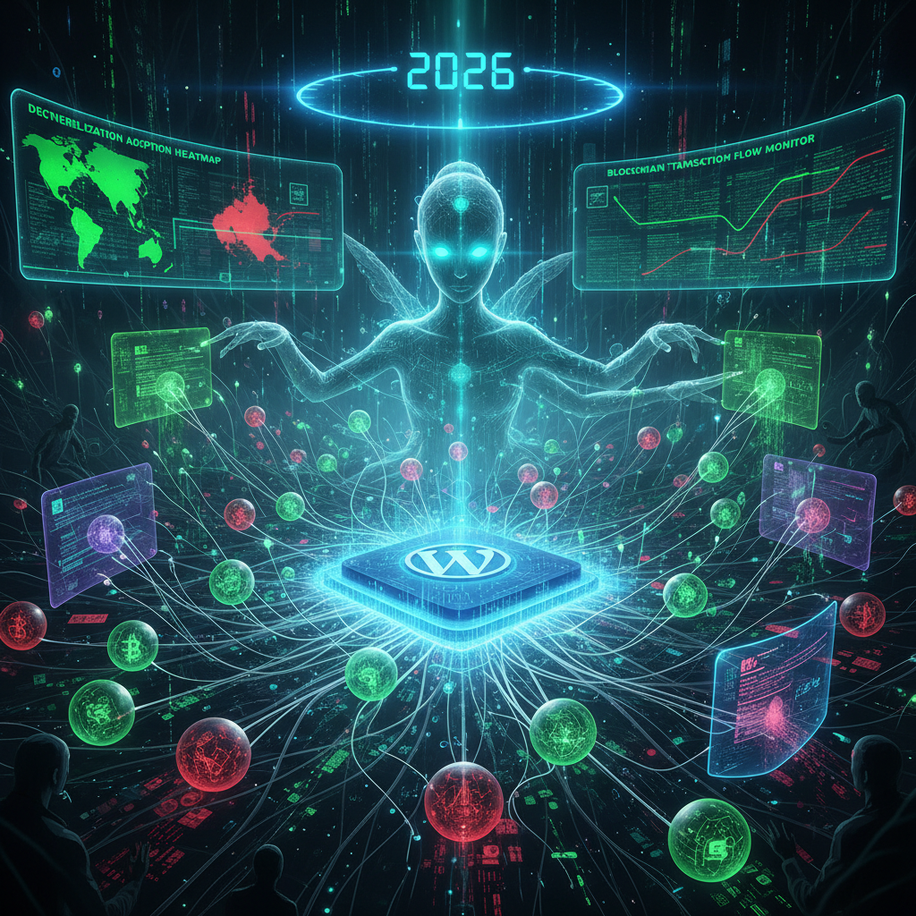 Visual representation of WordPress Web3 plugins evolving, showing chameleons blending into a decentralized network with blockchain elements, illustrating adaptation to Web3 and decentralized technologies in 2026.