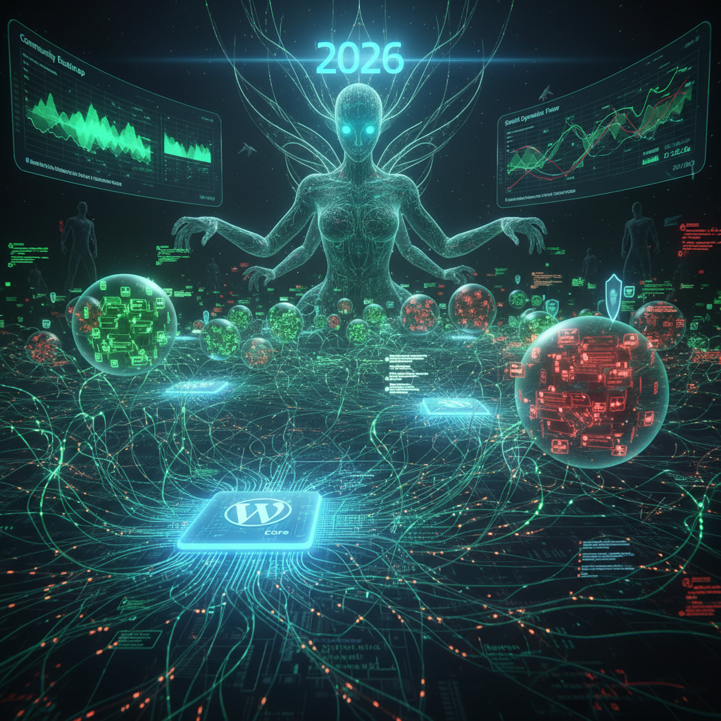A visually striking, modern graphic depicting interconnected digital threads forming a network, with abstract representations of people interacting, symbolizing how WordPress community plugins are actively remodeling digital communities and social dynamics in 2026, improving user engagement and fostering new forms of online interaction.