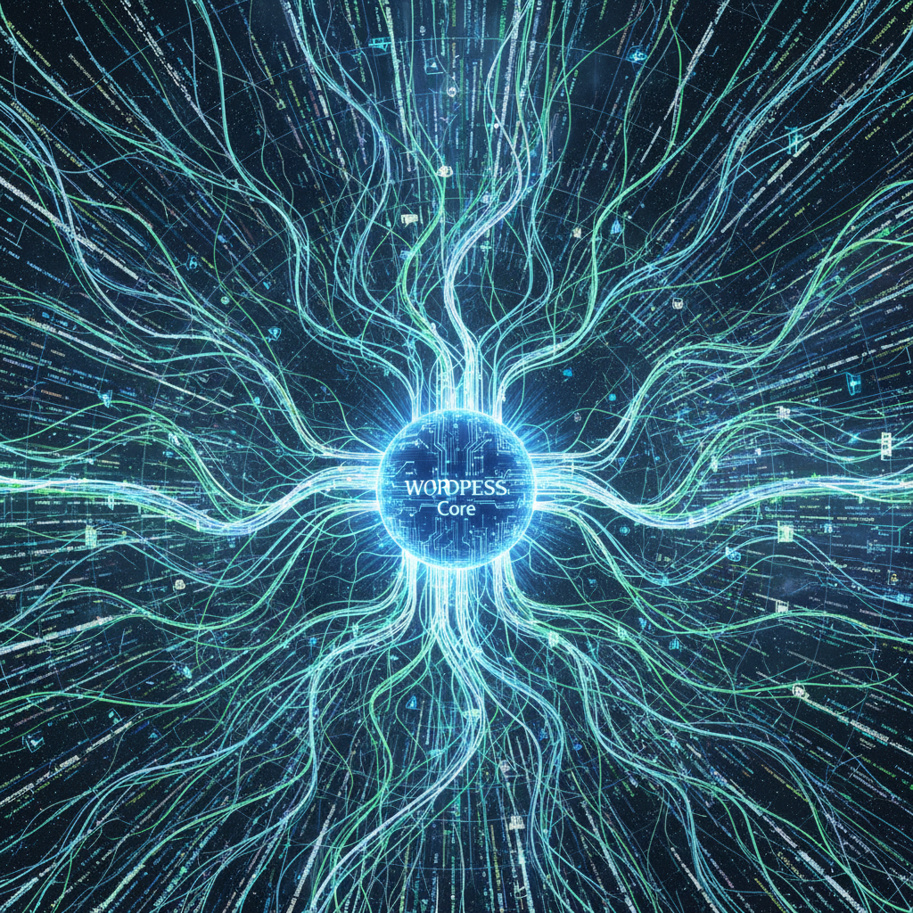 A conceptual image showing a network of WordPress plugin icons connected by faint green energy lines, subtly influencing a larger digital Earth graphic. The Earth has a small, shimmering carbon footprint icon above it, illustrating how plugins dictate a website's environmental impact amidst the trend of WordPress green hosting in 2026.