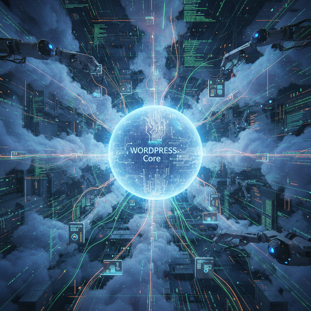 Visualizing how WordPress plugins (represented by interconnected gears) are silently yet powerfully transforming cloud deployment and Infrastructure-as-Code paradigms in 2026, creating efficient and automated workflows. Focuses on WordPress cloud deployment.