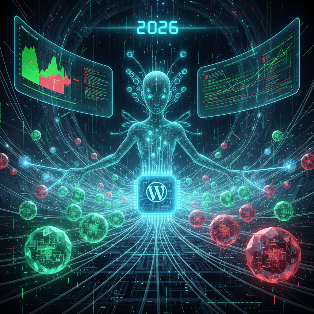 Visual representation of WordPress advanced rendering plugins in 2026, showing abstract elements orchestrating complex rendering pipelines for dynamic web experiences, highlighting their role as 'silent weavers'.
