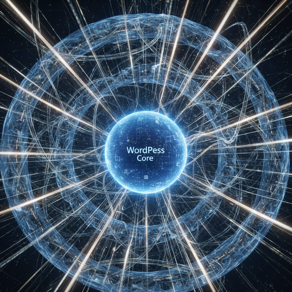 A close-up of a computer screen displaying WordPress code, with various plugin icons subtly woven into the background, alongside a microscopic view of diverse digital elements resembling a microbiome. The image symbolizes how WordPress plugins act as 'silent biologists,' influencing a website's 'digital microbiome' in 2026, offering a visual metaphor for complex web ecosystem management.