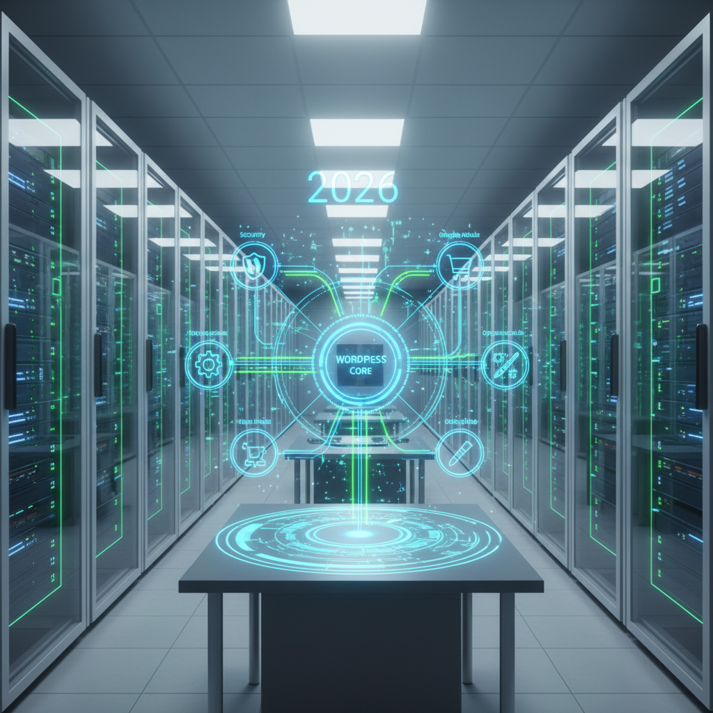 Visual representation of WordPress plugins as 'silent conductors' orchestrating a site's microservices architecture, with interconnected nodes and data flows, reflecting the advanced modularity in web development for 2026, optimized for 'WordPress microservices plugins'.