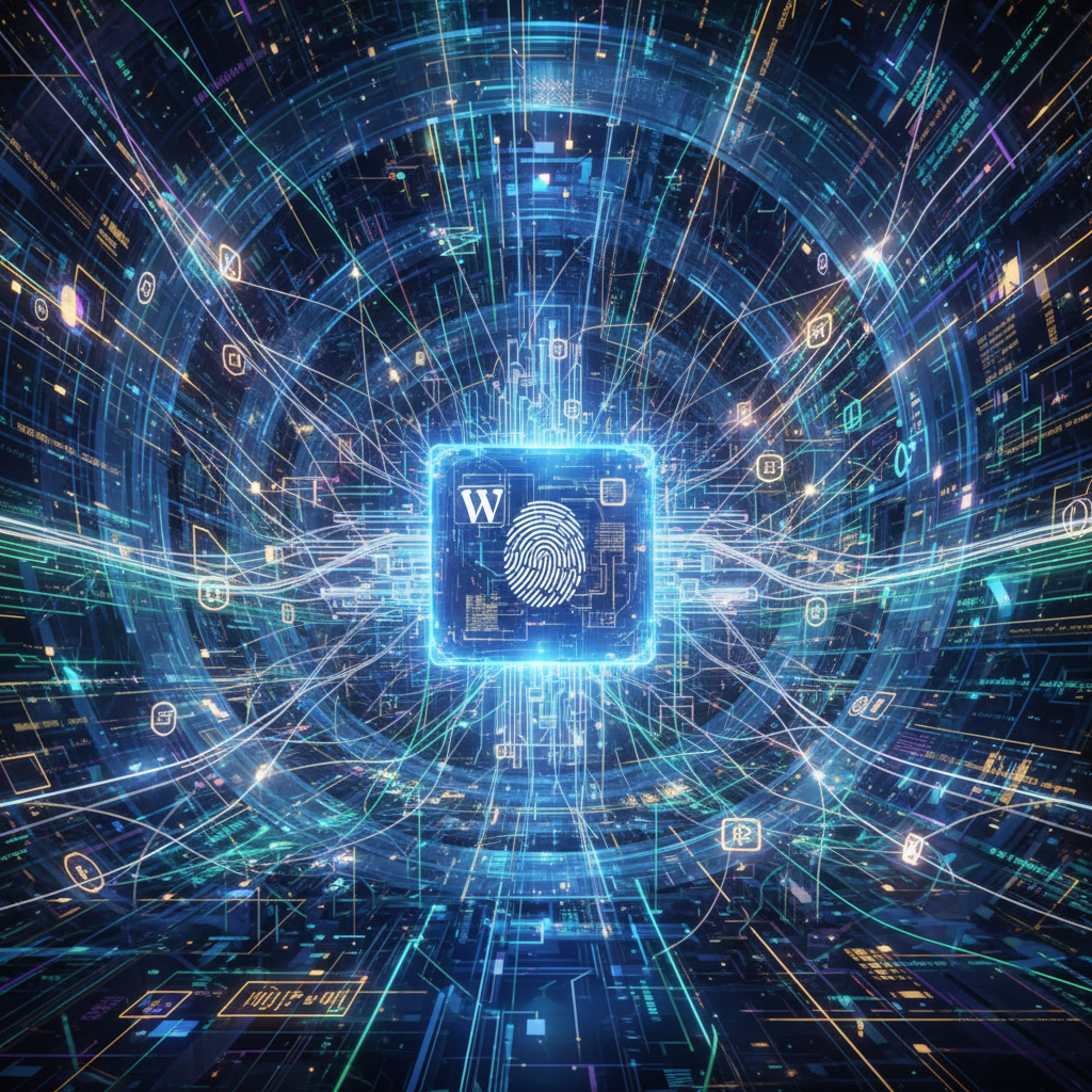 A minimalist, abstract digital illustration showing interconnected gears subtly transforming a 'trust' icon into a quantifiable 'credibility metric' gauge, with the WordPress logo discreetly integrated into the background, symbolizing the silent, transformative role of plugins in enhancing WordPress digital trust and credibility metrics in 2026.