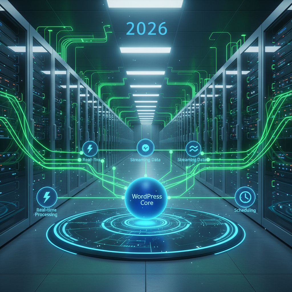 An intricate digital illustration depicting interconnected WordPress plugin icons seamlessly flowing into real-time data streams, showcasing how real-time WordPress plugins are transforming event processing and streaming data in 2026. The image conveys speed, efficiency, and advanced functionality.