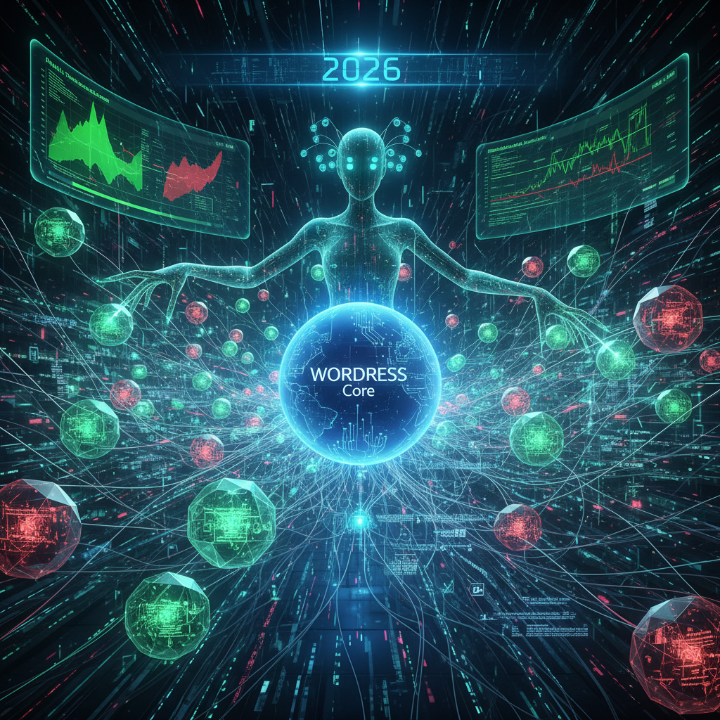 Visual representation of WordPress plugins as 'silent orchestrators' influencing a website's digital twin architecture with real-time simulation, showcasing interconnected nodes and data flows in 2026. Focuses on 'WordPress digital twin plugins' and their role in modern web development.