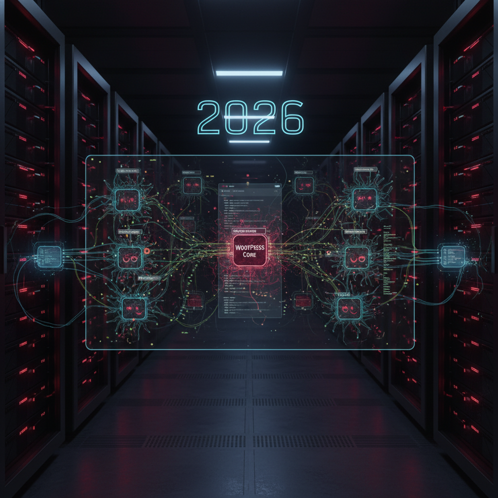 A shadowy, stylized image depicting a digital shield protecting a WordPress logo from malicious code, representing the increasing threat of adversarial AI in WordPress plugins in 2026. The scene highlights the urgent need for enhanced cybersecurity measures.