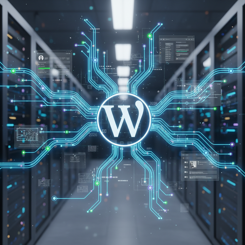 Detailed illustration of WordPress icons and modular content blocks, showing how plugins facilitate content modularity and reusability, a critical aspect of web design in 2026.