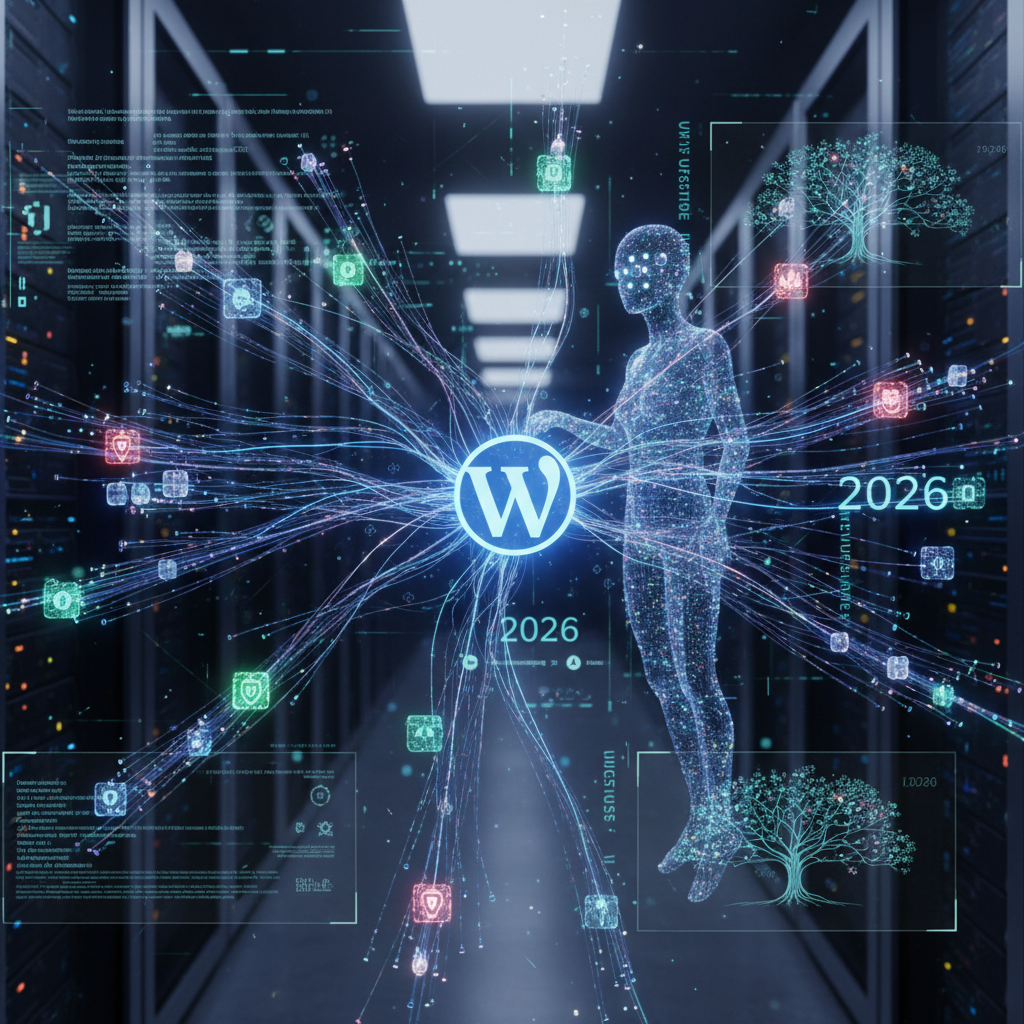 Visual representation of WordPress plugins as 'silent curators' influencing data lineage and provenance, with interconnected nodes and flow arrows illustrating how information moves and transforms within a WordPress environment in 2026. The image highlights the critical role of plugins in data management.