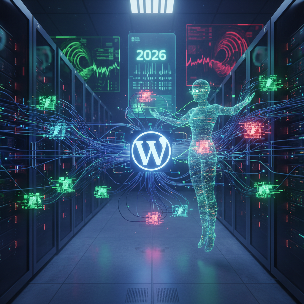 An infographic illustrating WordPress micro-CMS plugins as 'silent storytellers' with abstract security footprints, depicting data flow and potential vulnerabilities in 2026. Emphasizes the dual role of plugins as content management systems and their impact on website security.