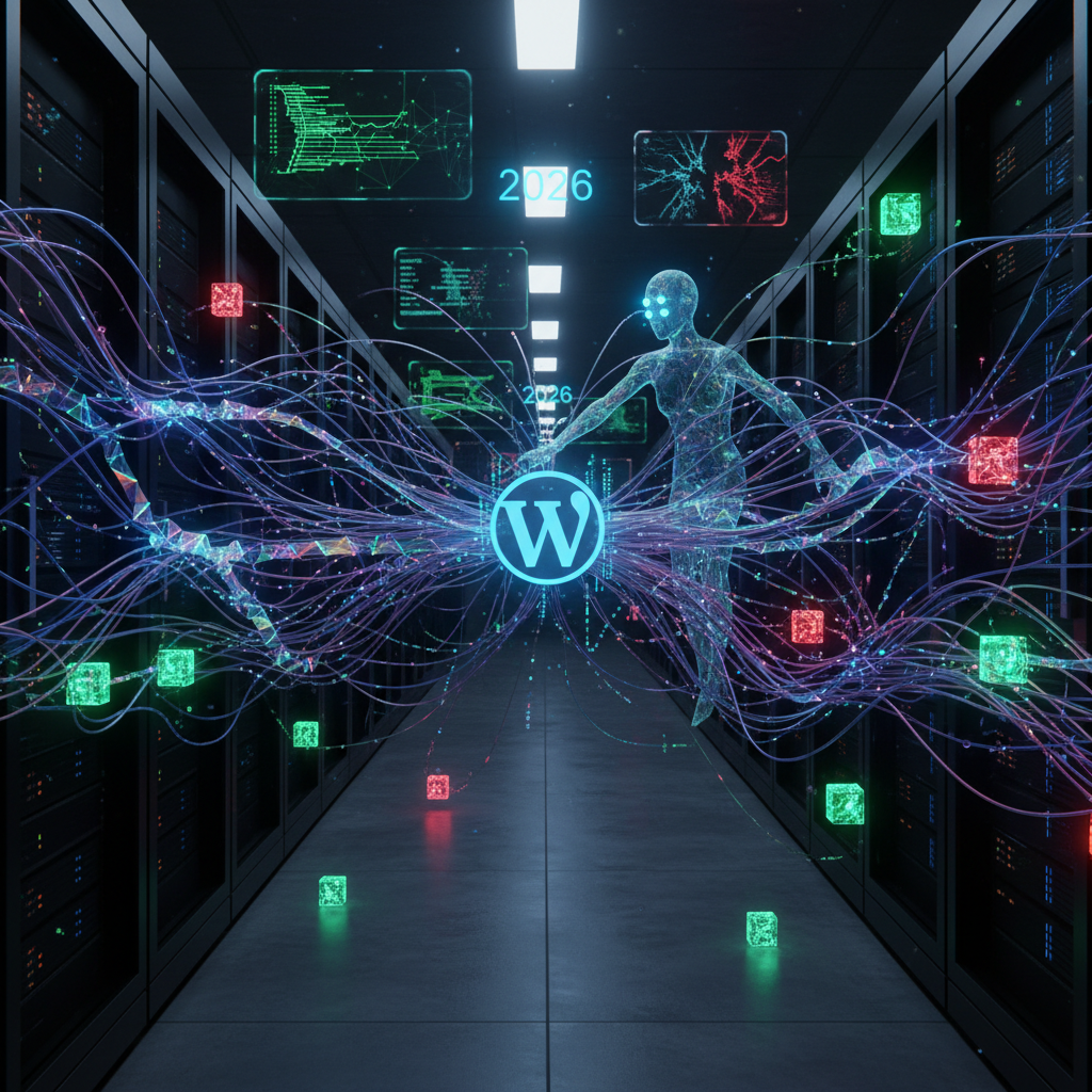 A conceptual image illustrating the intricate role of WordPress edge AI plugins in 2026, with an abstract network of data flowing into server racks represented as 'micro-orchestrators' and AI inference symbols subtly integrated, showcasing the silent power behind website optimization and advanced user experiences.