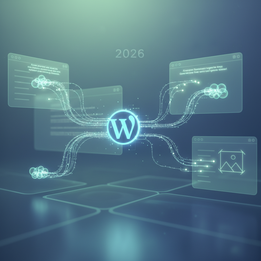 A close-up of a web browser interface on a tablet, showcasing a WordPress editor with an AI-powered plugin actively augmenting content in real-time, subtly highlighting the 'in-browser AI WordPress plugin' capabilities in 2026. The screen displays dynamic text suggestions, grammar corrections, and image recommendations, all powered by an embedded AI, illustrating the future of content creation.