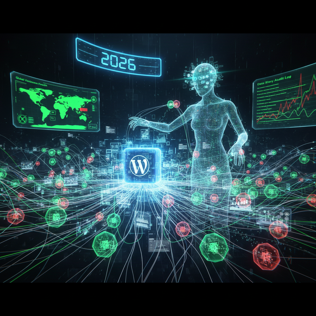 Visual representation of WordPress data visualization plugins actively orchestrating complex data, highlighting their role as silent storytellers and emphasizing critical security aspects in 2026.