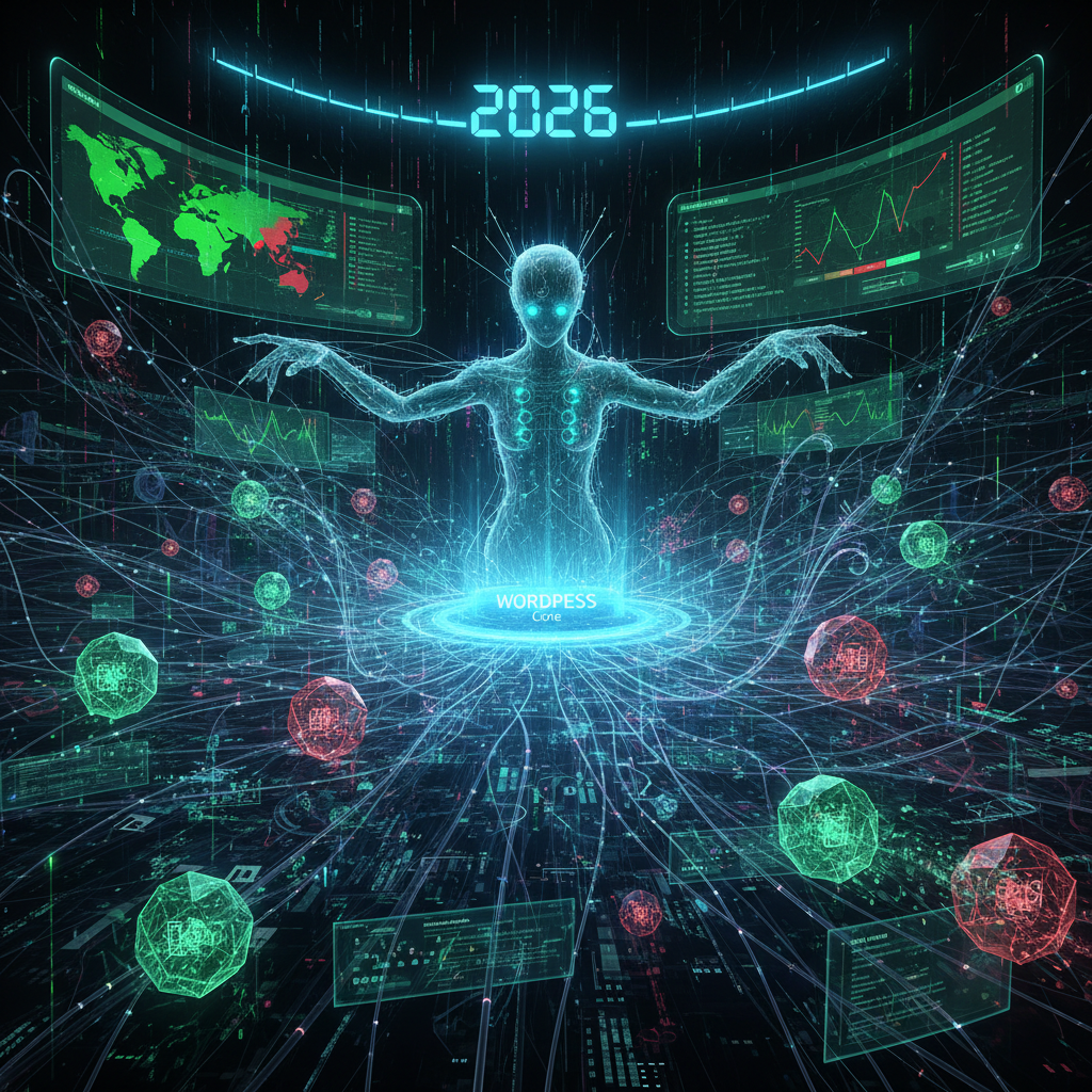 Visual representation of WordPress plugins silently extending core functionalities using event-driven architectures (EDA) in 2026, highlighting the integration of various components for enhanced scalability and responsiveness. The focus keyword 'WordPress EDA plugins' is central to this abstract concept.