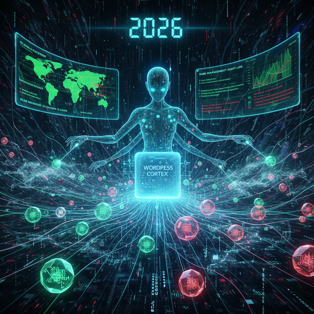 Visualizing WordPress plugin memory management risks in 2026, highlighting ephemeral memory and RAM issues beyond caching with abstract data flow and a WordPress logo.