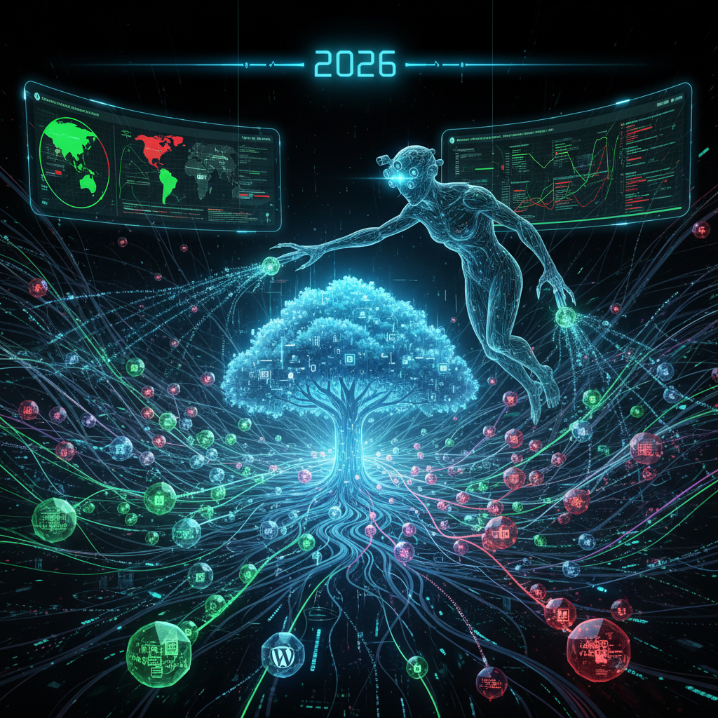 Visual representation of WordPress plugins, symbolized as building blocks, extending core functionality, with semantic versioning tags (e.g., v1.2.3) and dependency resolution arrows illustrating their interconnectedness and a seamless integration process in 2026.