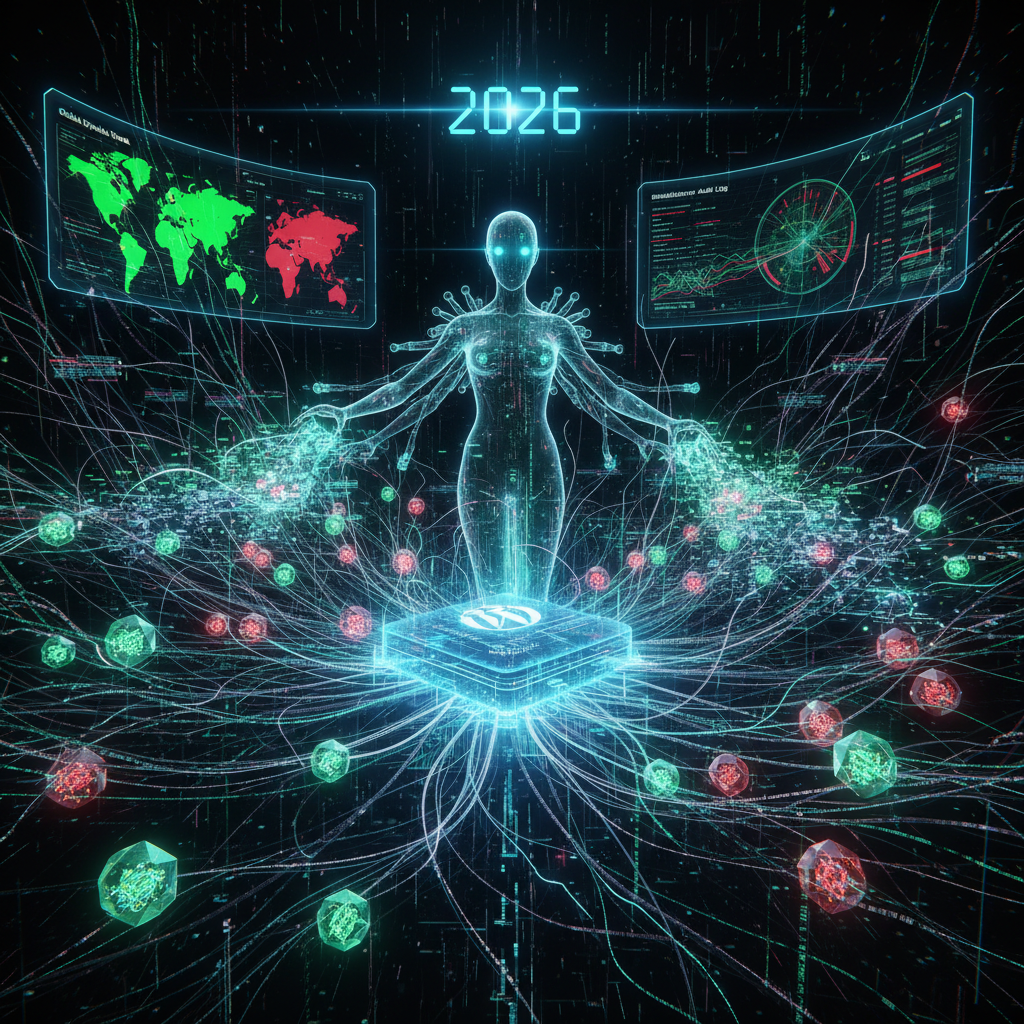 Visual representation of WordPress digital twin plugins acting as silent conductors, orchestrating a website's digital twin and real-time simulation architecture for enhanced digital presence and performance in 2026.