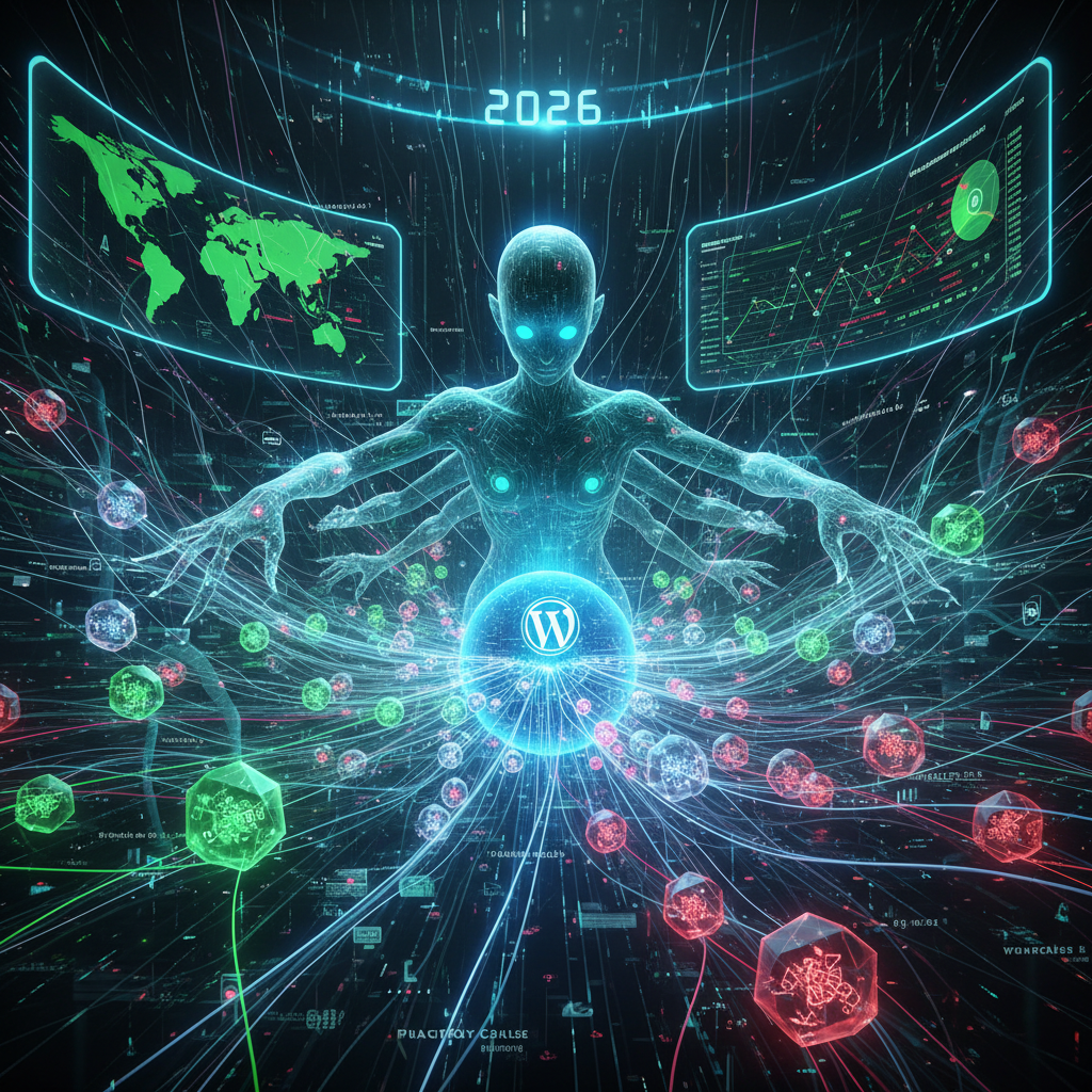 A conceptual image depicting the intricate internal workings of a WordPress website, with glowing lines representing data streams and WebSockets actively remolding real-time communication processes, highlighting the impact of WordPress WebSocket plugins in 2026.
