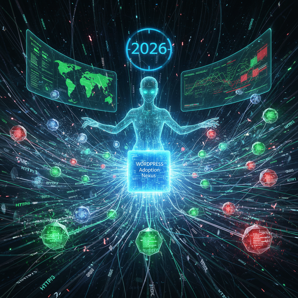 A conceptual image illustrating the transformative role of WordPress plugins in accelerating HTTP/3 and QUIC adoption in 2026, featuring interconnected code blocks and web-related icons, highlighting the 'WordPress HTTP/3 plugins' focus.