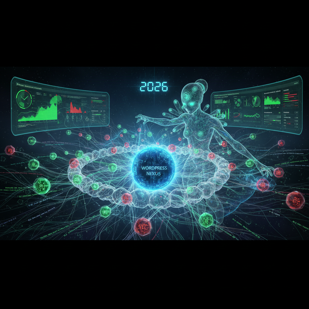 A futuristic graphic depicting interconnected WordPress plugin icons seamlessly optimizing various media types, including dynamic images and videos, highlighting micro-augmentation for adaptive performance in 2026. The focus keyword, 'WordPress image optimization', is central to the visual narrative.