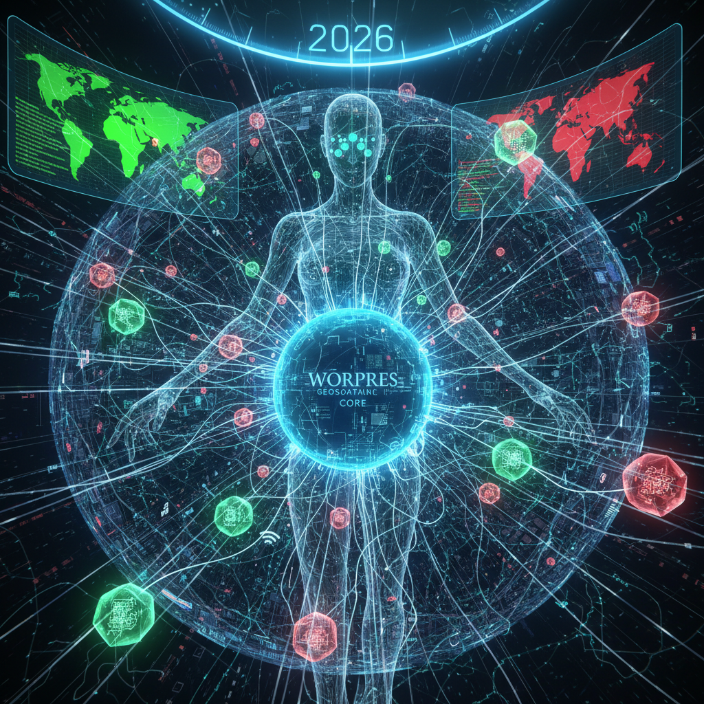A magnifying glass hovers over a world map, highlighting digital echoes and geolocation fingerprinting within WordPress plugins, symbolizing the unmasking of privacy concerns in 2026 related to WordPress geolocation data.