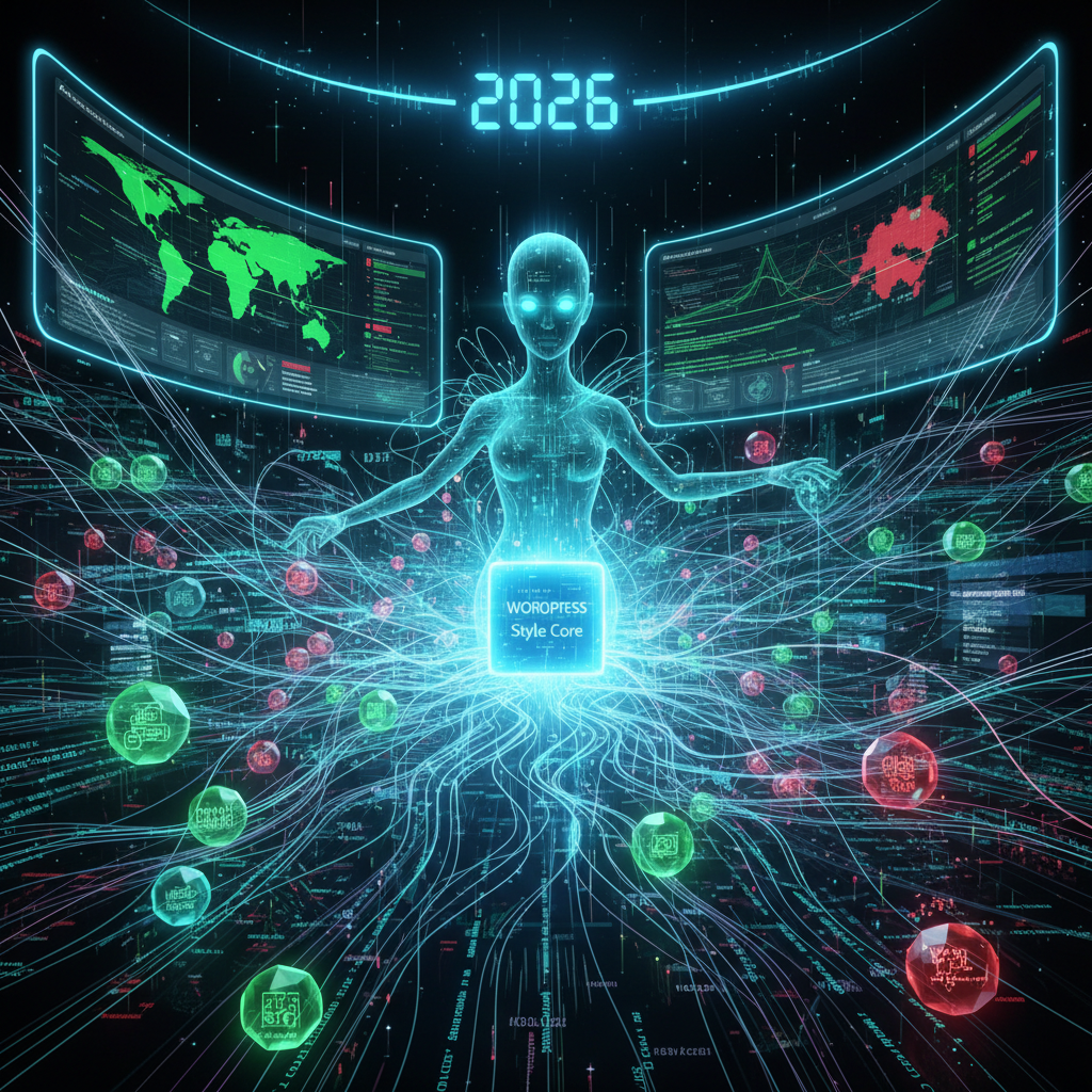 A close-up of intertwining code snippets and abstract architectural elements, symbolizing how WordPress CSS plugins in 2026 can deconstruct and reorganize styling inheritance, highlighting their impact as 'Silent Weavers' on web design.