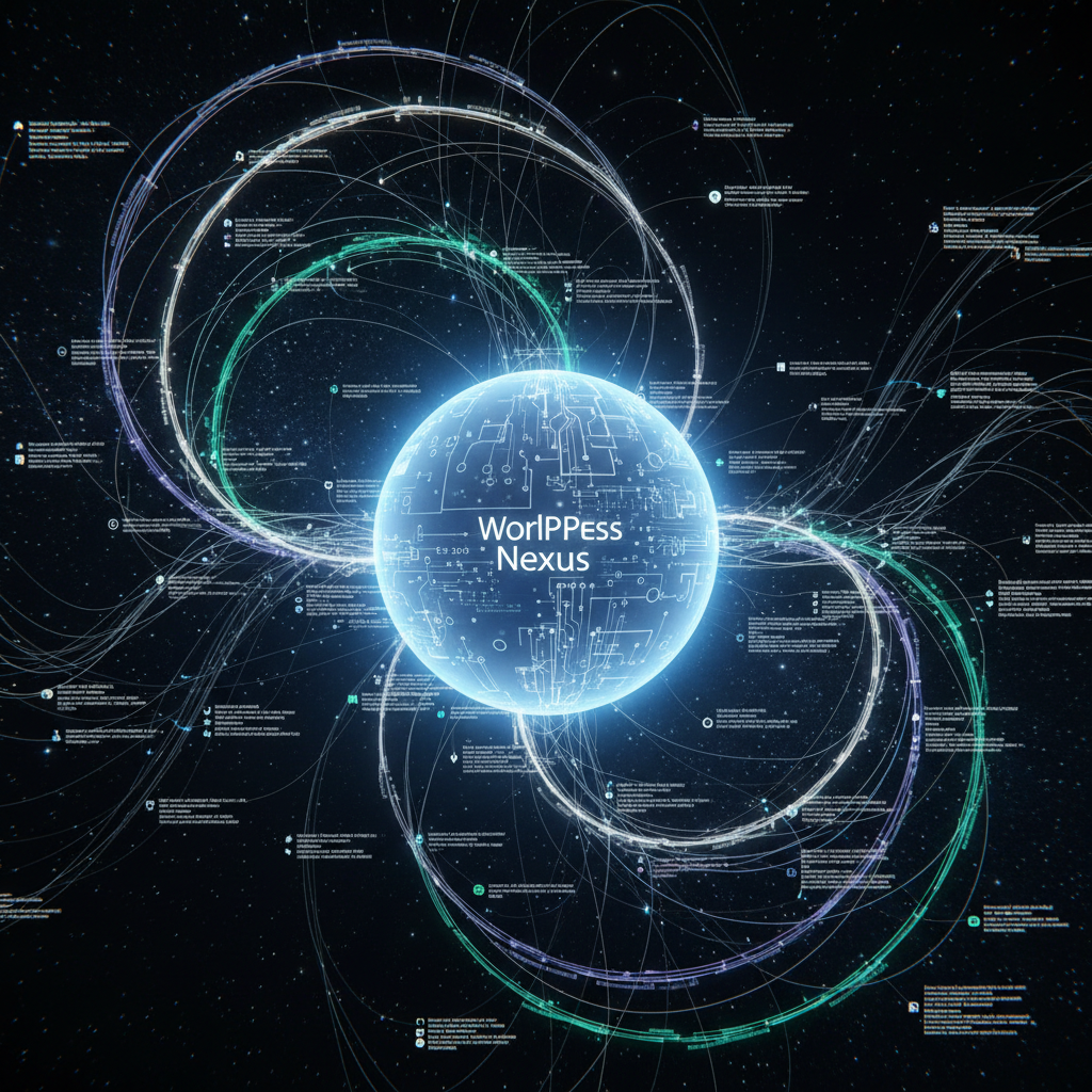 Visual representation of WordPress plugins as 'silent conductors' orchestrating a site's digital twin architecture with real-time simulation, showcasing interconnected nodes and data streams, highly relevant for 2026's advanced web development.