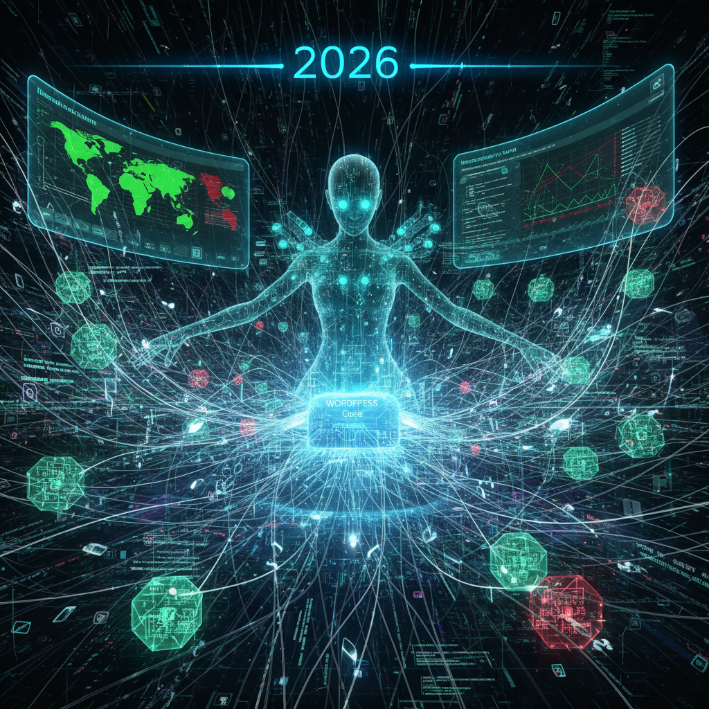 Visual representation of WordPress browser API plugins silently modifying device functionality in 2026, featuring code snippets, browser icons, and a magnifying glass revealing hidden processes.