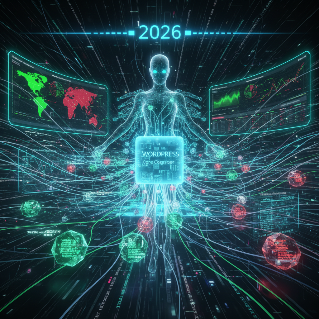 Visual representation of WordPress plugins as architectural deconstructors, impacting data models and schema evolution, emphasizing WordPress data model security in 2026. Abstract imagery, intertwining gears, code snippets, and database structures.