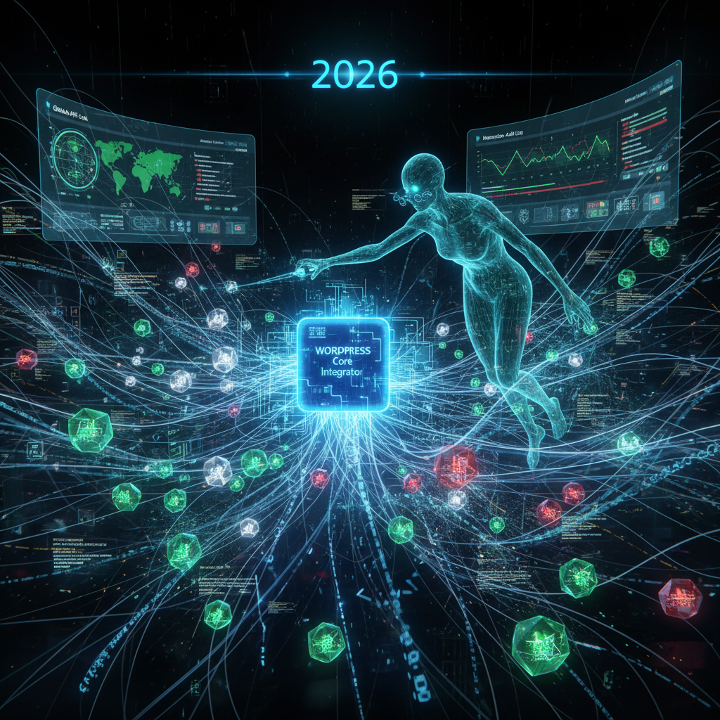 An intricate digital illustration depicting the seamless integration of in-browser AI with WordPress. The image shows code snippets and a WordPress dashboard subtly augmented by AI-driven suggestions appearing in real-time, symbolizing how modern WordPress plugins are leveraging artificial intelligence directly within web browsers for instantaneous content enhancement in 2026. This visually represents the 'Silent Augmenters' theme, highlighting the advanced capabilities of in-browser AI WordPress plugins.