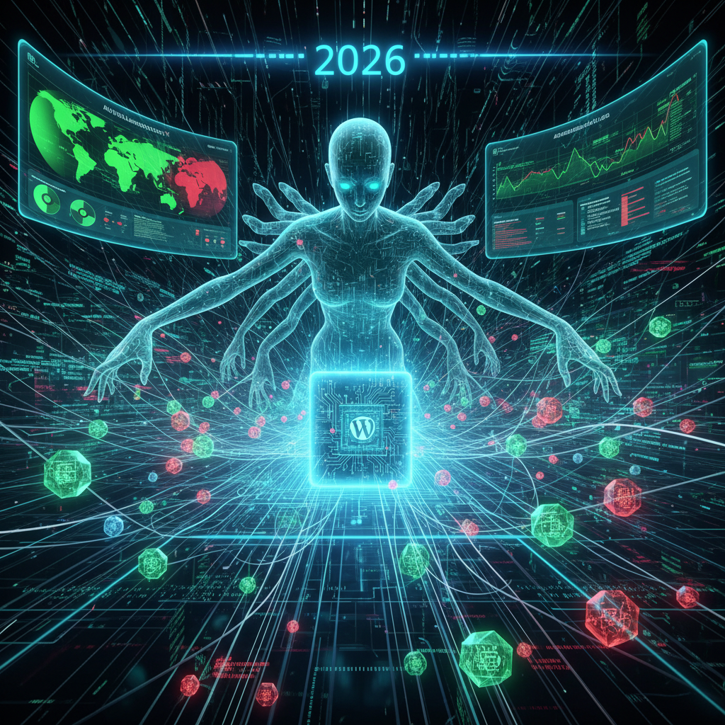 A conceptual image depicting a complex network of WordPress plugins, represented by glowing digital icons, seamlessly orchestrating WebAuthn and FIDO2 protocols for secure, passwordless authentication in 2026, highlighting their role in modern web security and the focus on WordPress passwordless authentication.